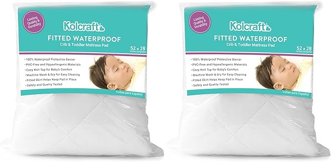 Kolcraft Fitted Waterproof Toddler Bed and and Baby Crib Mattress Pad Cover Protector, Noiseless, Machine Washable and Dryer Friendly, 52" x 28" - White (Pack of 2)