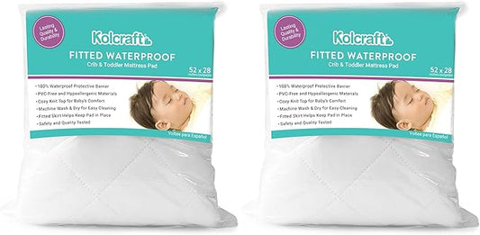 Kolcraft Fitted Waterproof Toddler Bed and and Baby Crib Mattress Pad Cover Protector, Noiseless, Machine Washable and Dryer Friendly, 52" x 28" - White (Pack of 2)