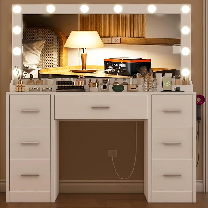 FIONESO Vanity with Large Mirror and 12 LED Lights, Vanity Desk with 7 Drawers & Hairdryer Holder, Makeup Vanity Desk with Charging Station for Women, Girls, 3 Lighting Color Adjustable, White