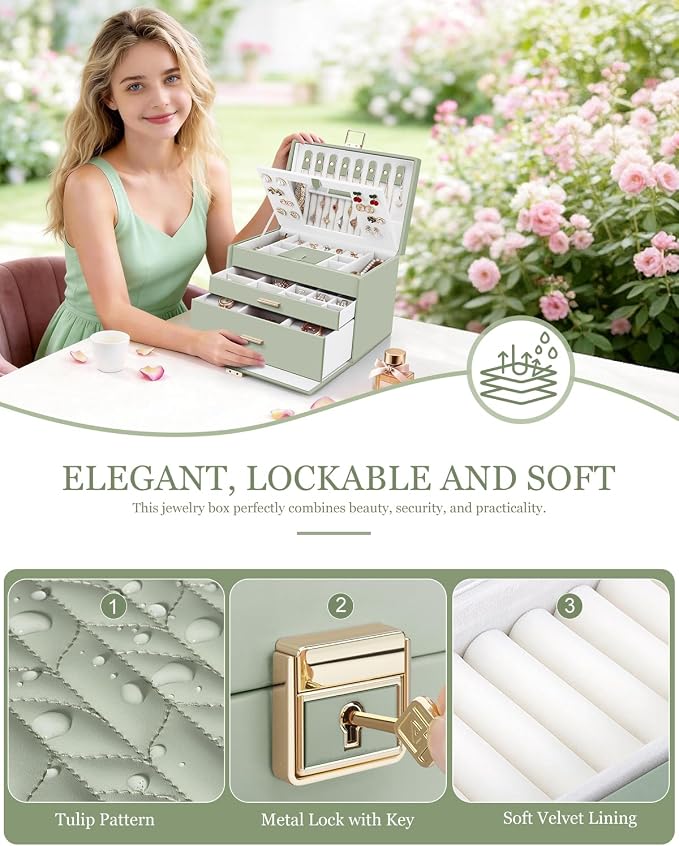 DesignSter Jewelry Box for Women Girl, 3-layer Lockable Jewelry Organizer with Mirror, Large Leather Jewelry Case for Earring Necklace Ring Bracelet Watch - Image 5
