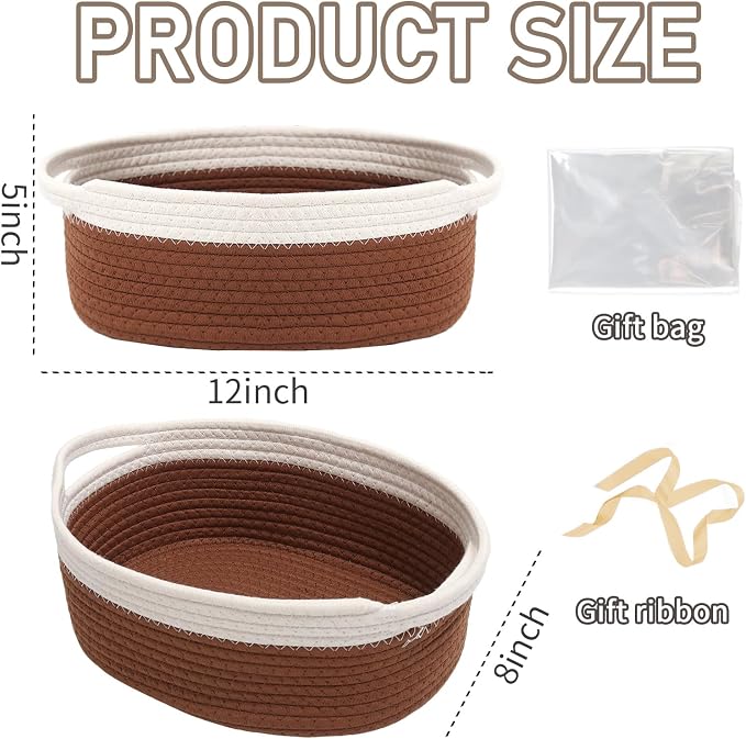 JMvicyroam Woven Basket,Small Rope Storage Bin with Handles & Ribbon Bag, Organizer for Shelves Closets,Gift Basket Empty for Birthday,Books,Dog Toys, White&Brown/3 Pack - Image 2