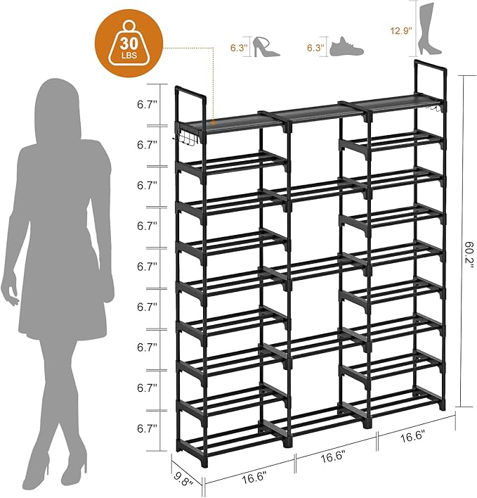 WOWLIVE 9 Tiers Large Shoe Rack Storage Organizer for Closet 50-55 Pairs Shoe Tower Unit Shelf Stackable Shoe Rack with Metal Pipes Plastic Connectors Black(SSS3B9) - Image 3