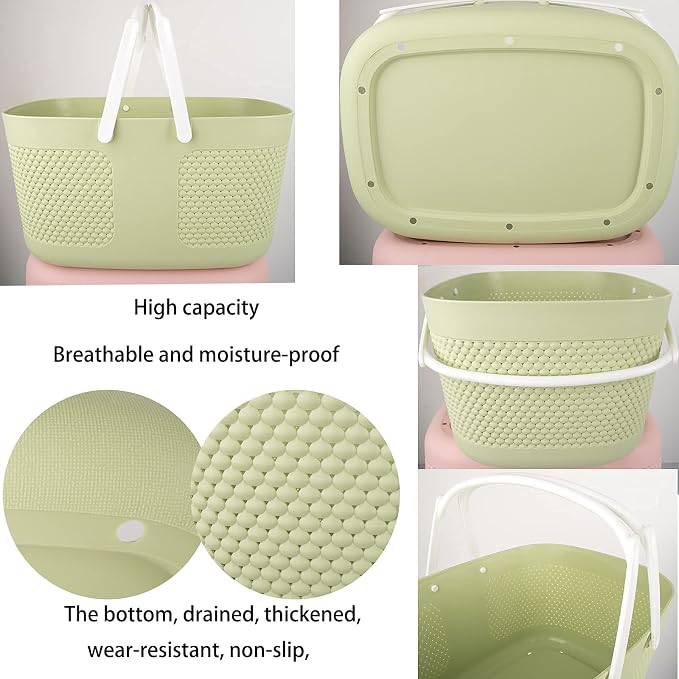 Shower Caddy Basket, Portable Large Capacity Thickened Plastic Organizer Storage Tote with Handles Drainage Toiletry Bag Bin for Bathroom, College Dorm Room Essentials, Kitchen, Camp, Gym, Green - Image 3