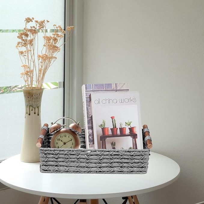 Small Storage Basket Wicker Baskets for Organizing with Handle Decorative Storage Bin for Countertop Toilet Paper Basket for Toilet Tank Top Small Baskets,Light Grey - Image 7