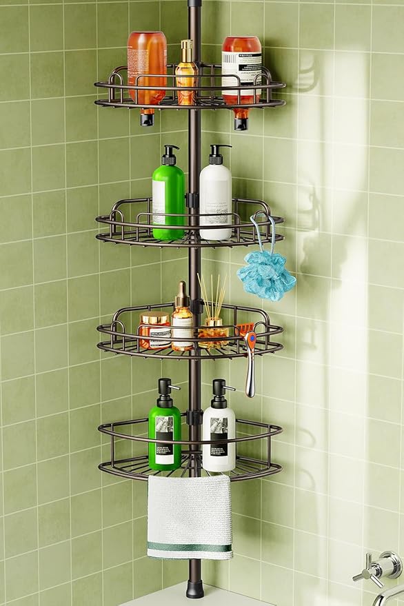 HAMITOR Corner Shower Caddy Tension Pole: 4-Tier Rust-Resistant Adjustable Bathroom Organizer Shelves - 47-121 Inch No-Drill Quick Installation - Space-Saving Storage for Renters Families - Bronze by HAMITOR