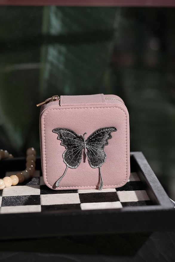 S.Leaf Travel Jewelry Organizer Boxes for Women Small Portable Necklace Earrings Bracelet Rings Travel Case Best Friend Birthday Gifts for Women Trendy (Butterfly_Pink_Gray) - Image 3