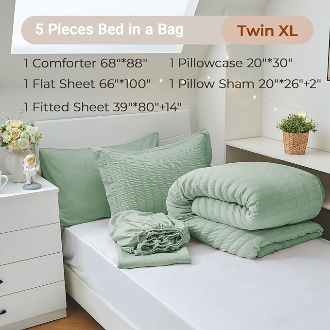MUXHOMO 5 Pieces Twin XL Comforter Set, Seersucker Bed in a Bag Twin XL Size, All Season Luxury Bedding Set with Comforter, Flat Sheet, Fitted Sheet, Pillowcase & Sham, Sage Green