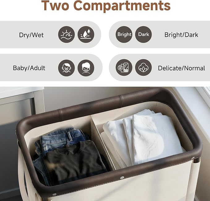 StorageWorks 2 Section Laundry Hamper, Rolling Laundry Cart with Wheels and Handles, Laundry Room Double Sorter for Organizer and Storage, 26.4 Gal(100L), Beige - Image 2