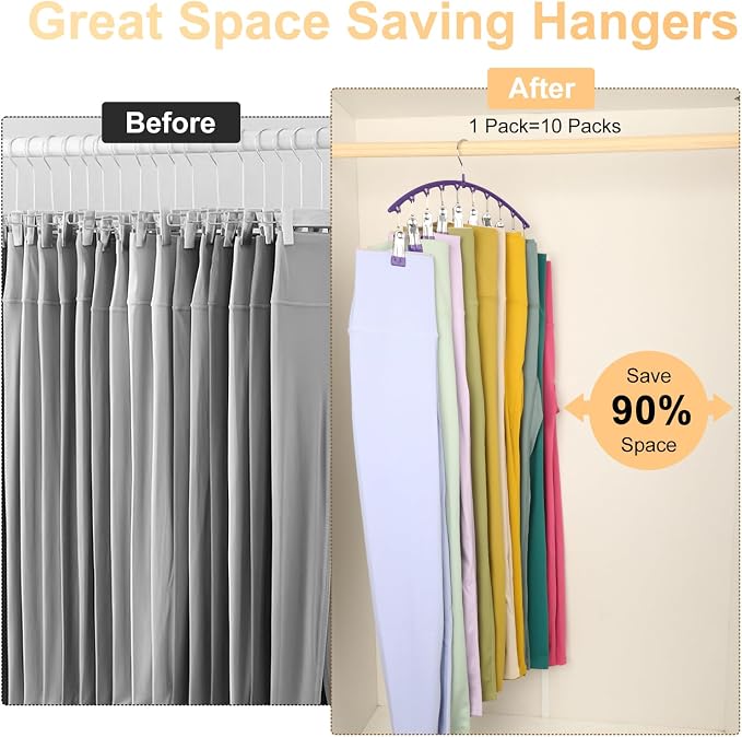 Legging Organizer for Closet, Metal Yoga Pants Hanger w/Rubber Coated 1 Pack w/10 Clips Hold 10 Leggings, Hangers Space Saving Hanging for Closet Organizers and Storage-Purple - Image 4