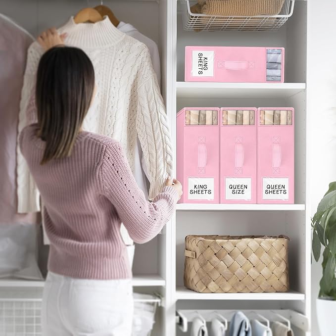 StorageTastic 4 Pack Bed Sheet Closet Organizers and Storage,Sturdy Foldable Storage Containers with Window and Label,Storage and Organization for Bedding Sheets,Duvet Covers,Blankets (Pink) - Image 7