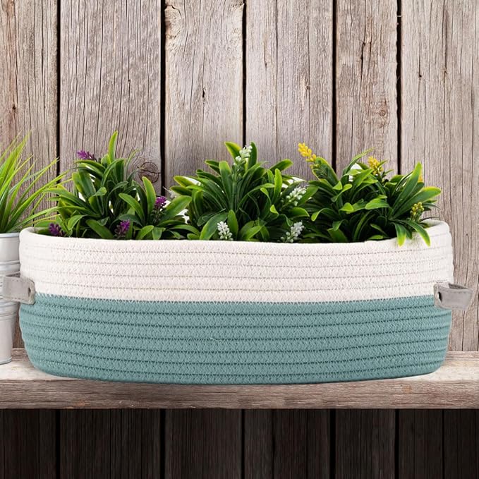 Cotton Rope Woven Toilet Paper Baskets for Organizing Decorative for Boho Decor Small Storage Gift 13"x5.9"x4" Mint Green - Image 5