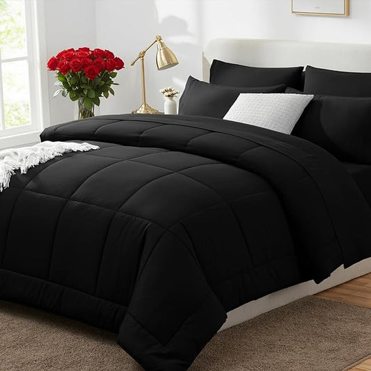 CozyLux Oversized King Comforter Sets Black, 7 Pieces Bed in a Bag, Ultra-Soft All Season Bedding Sets with Stitch Quilted Comforter, Flat Sheet, Fitted Sheet, Pillowcases