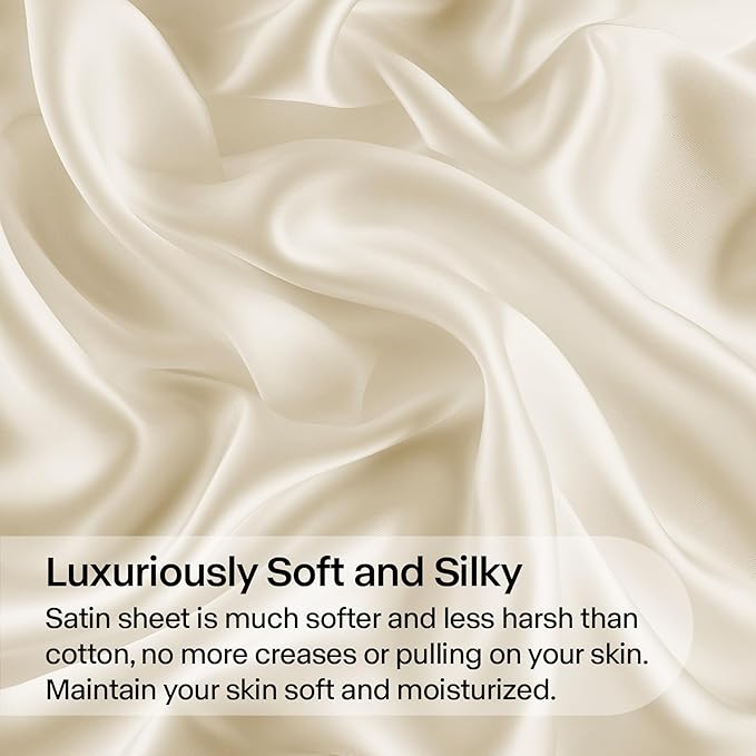 BEDELITE King Size Sheets Set, Luxury Soft Beige Satin Sheets for Hair and Skin, Similar to Silk Bed Sheets Set 4 Pieces with 1 Deep Pocket Fitted Sheet, 1 Flat Sheet, and 2 Pillowcases
