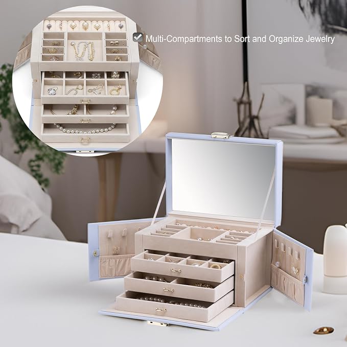 Vlando Lockable Jewelry Box Organizer with Key, 3-Tiered Storage Tray for Necklaces Earrings Rings Bracket Accessories Storage Display, Full HD-Mirror, Purple - Image 3