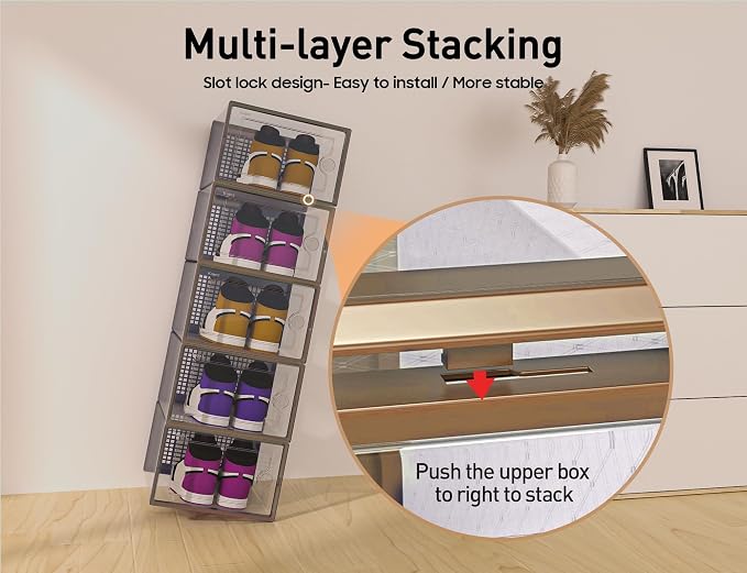 Kuject X-Large Shoe Storage Boxes Organizers for Closet 12 Pack, Fit Size 11,Clear Plastic Stackable Sneaker Containers for Entryway, Space Saving Shoe Rack, Brown - Image 3