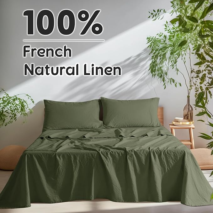 SONORO KATE 100% French Pure Linen Sheets, Breathable and Durable Linen King Size Sheets, Anti-Tear Linen Bed Sheets, Machine Washable, 16 Inch Deep Pocket - 4 Piece (Olive Green, King)