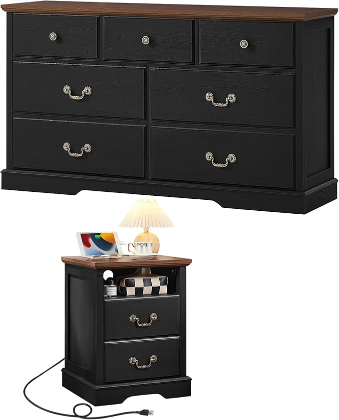 Farmhouse Dressers & Night Stand,54" Wide 7 Drawer Dresser, 18" Wide 2 Drawers End Table with Charging Station,Furniture Dresser Sets for Home,Black