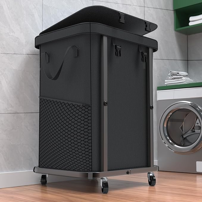 40 Gal(150L) High Grade Large Laundry Basket with Wheels, Rolling Laundry Hamper, Laundry Cart with Metal Frame and Removable Bag Design, Suitable for Laundry Room (Black, 150L) by Unlockyourhomestoragelife