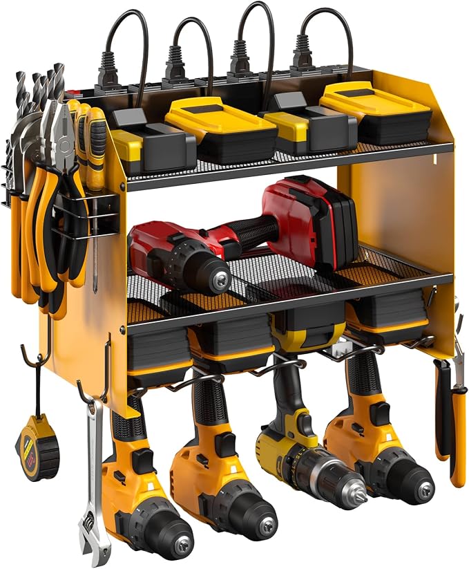 CCCEI Modular Power Tool Organizer Wall Mount with Charging Station. Garage Drill Storage Shelf with Hooks, Heavy Duty Rack, Tool Battery Holder Built in 8 Outlet. Gift for Men. Yellow, 1 Pack. by CCCEI