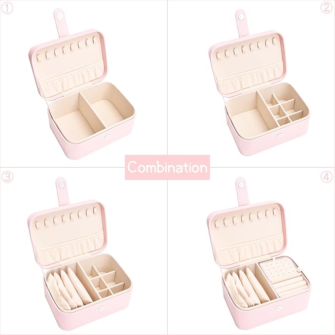 2 Layer Portable Jewelry Box, Large Jewelry Travel Case with 4 Jewelry Pouches, Medium Size Jewelry Organizer Box for Earrings, Necklaces, Bracelets (light pink) - Image 4