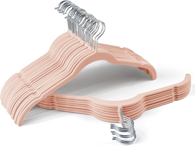 Sishynio Premium Velvet Shirt Hangers 30 Pack, Non-Slip 360° Swivel Hook Space-Saving Felt Hanger, Slim Flocked Hangers for Blouses, Strappy Dresses, Tank Tops(Pink) by Sishynio