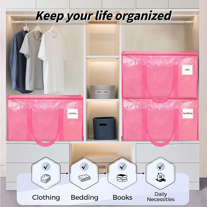 16 Pack Extra Large Heavy Duty Moving Bags, Pink Storage Bins with Lids, Reinforced Handles & Heavy-Duty Zippers Moving Boxes Storage Bags Totes for Clothes Packing, Dorms, College Supplies, Pink - Image 7