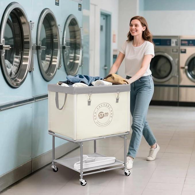 STORAGE MANIAC Rolling Laundry Cart with Storage Shelf, Heavy Duty Industrial Laundry Basket with Wheels, Commercial Metal Frame Clothes Hamper with Canvas Bag for Dorm, Closet, Bedroom, Beige - Image 7