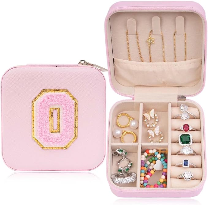 ETHOON Jewelry Travel Case Small Organizer Stocking Box Personalized Gifts Teenage Jewelry Accessories Holiday Wedding Christmas Gift for Women Pink, Letter O by ETHOON