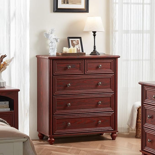 RWYHG Farmhouse 5 Drawer Dresser for Bedroom, 35.5" Tall Small Dressers & Chest of Drawers, Rustic Wood Dresser with Roman Column, Storage Organizer for Living Room, Hallway, Closet (Red Oak)