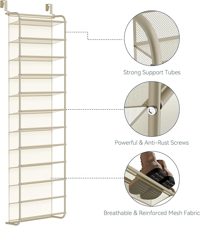 Whitmor 36 Pair Over The Door Shoe Organizer, 12 Tier Hanging Shoe Organizer, Heavy Duty Metal & Mesh Shoe Holder, Hanging Shoe Rack for Closet Organizer & Storage, 69"L x 21.7"W x 7.5"H, Oat - Image 3