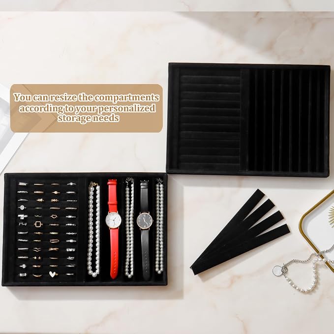 Large Velvet Jewelry Tray 2 Pack Stackable Jewelry Display Drawer Inserts Trays Organizer for Earring Bracelet Necklace Ring (Black, Ring and 9 Grids) - Image 5