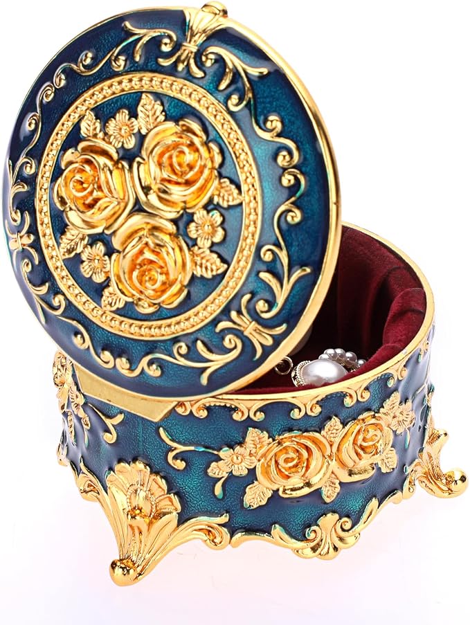 Hipiwe Antique Metal Jewelry Box Ring Earring Treasure Chest Case Small Trinket Box Round Jewelry Display Box Necklace Organizer Wedding Birthday Gift Home Decor, 3x3x2.4 inch - Image 8