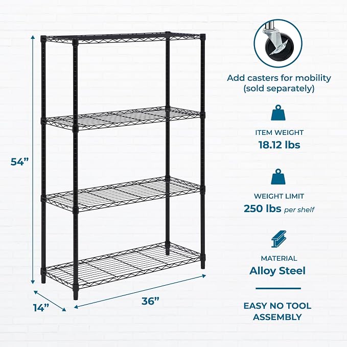 Honey-Can-Do 4-Tier Heavy Duty Adjustable Shelving Unit, 250-lb Per Shelf Metal Storage Rack, Wire Shelf for Garage Kitchen Office Pantry, Black, 36 x 14 x 54 in - Image 3