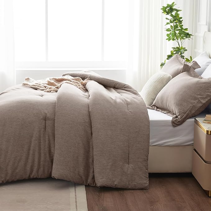 CozyLux King Size Comforter Set - 3 Pieces Khaki Soft Luxury Cationic Dyeing Bedding Comforter for All Season, Breathable Lightweight Fluffy Bed Sets with 1 Comforter and 2 Pillow Shams