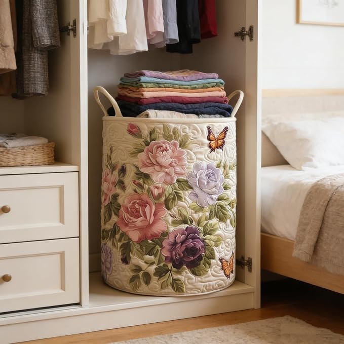Quilted Laundry Basket with Handles, Boho Floral Fabric Storage Hamper, Large Soft Quilted Laundry Basket for Nursery, Bedroom, Laundry Room,Clothes & Toys (Q, M) - Image 7