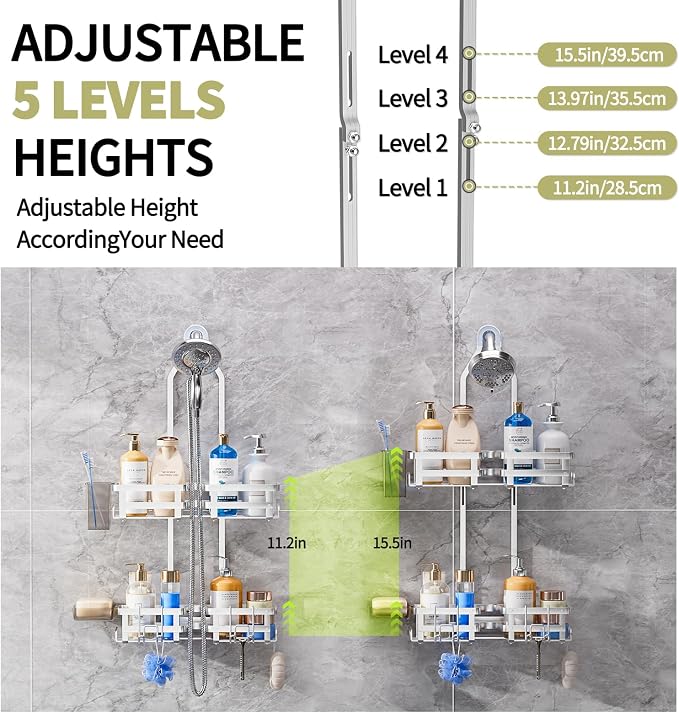 GAOKASE Aluminum Shower Caddy Hanging, Never Rust Shower Organizer- 4 Levels with adjustable Height 10 Hooks for Razor/Sponge - Rack with Soap Basket (Silver) - Image 5