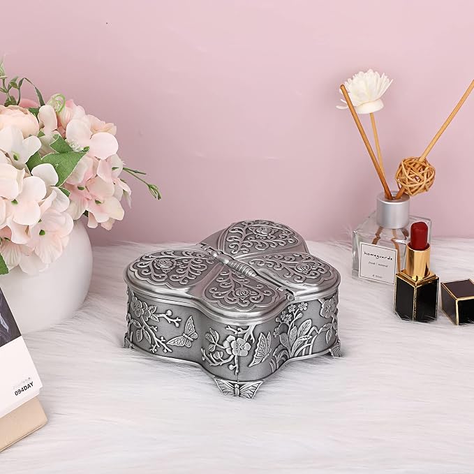 Hipiwe Antique Metal Jewelry Box Butterfly Shape Jewelry Organizer Vintage Trinket Storage Box Treasure Chest Ring Holder Earrings Necklace Storage Box Decorative Metal Box for Women, Large - Image 8