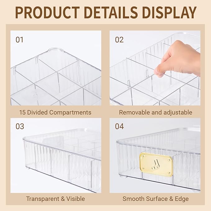 Sock Organizer for Drawer, 15 Compartments Detachable Plastic Underwear Drawer Organizer with Lid for Closet, Compartment Storage Ideal for Socks, Bras, Ties, and Scarves (Sock) - Image 4