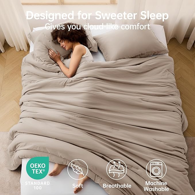 MUXHOMO Queen Comforter Set, All Season Ultra Soft Down Alternative Bedding - 3 Piece Lightweight Bed Set Includes 1 Comforter (90"x90") and 2 Pillow Shams (20"x26"), Dark Linen