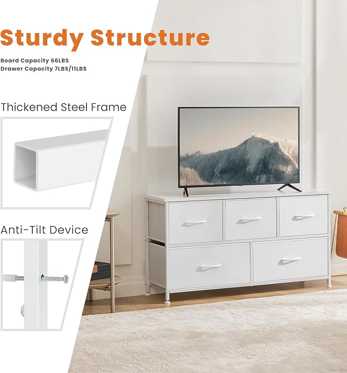 Sweetcrispy Dresser for Bedroom with 5 Storage Drawers, Fabric Storage Tower Organizer, Chest of Drawers with Metal Frame Wooden Top for Closet, Living Room, Entryway, White