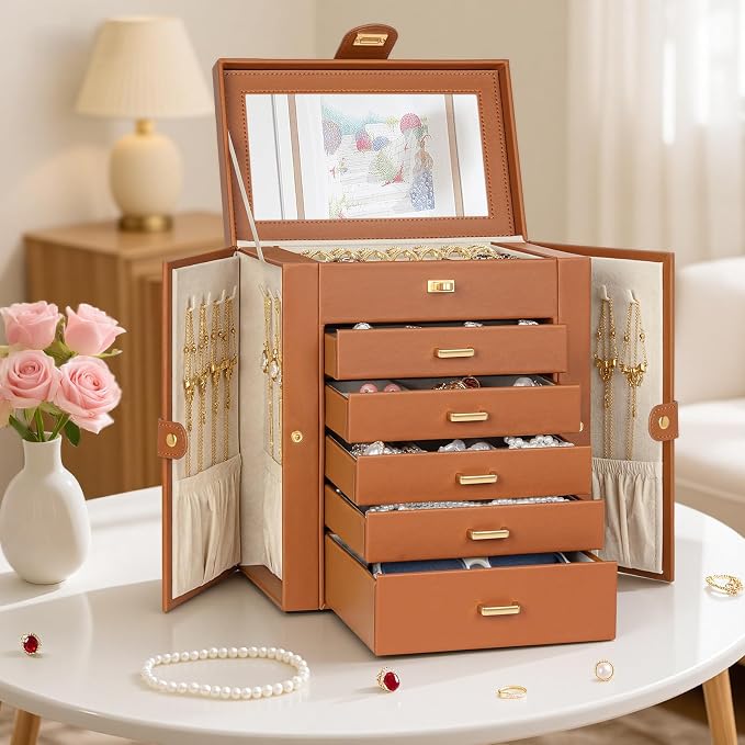 AKOZLIN 6-Tier Jewelry Box Organizer Functional 5 Drawers Leather Jewelry Storage Case for Women Girls Ring Necklace Earring Bracelet Holder Organizer with Mirror Dark Orange - Image 8