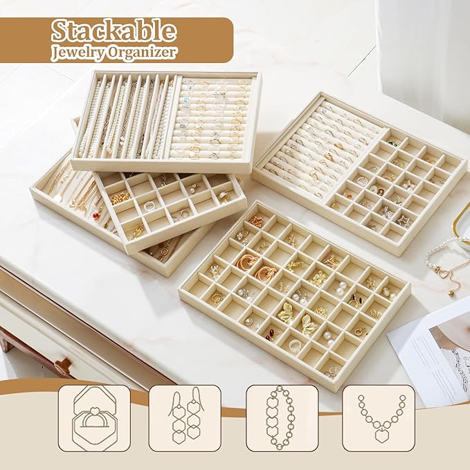 Large Velvet Jewelry Tray 2 Pack Stackable Jewelry Display Drawer Inserts Trays Organizer for Earring Bracelet Necklace Ring (Beige, 35 Grids) - Image 6