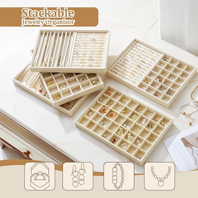 Large Velvet Jewelry Tray 2 Pack Stackable Jewelry Display Drawer Inserts Trays Organizer for Earring Bracelet Necklace Ring (Beige, 40 Grids) - Image 6