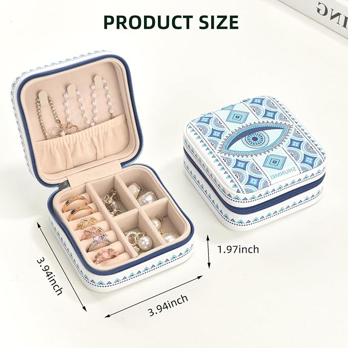 shunmei Mini Travel Jewelry Box,PU Leather Portable Jewelry Organizer Case,Art Accessories Storage Holder Boxes for Earring, Necklace, Rings, Bracelets (White Eyes) - Image 3