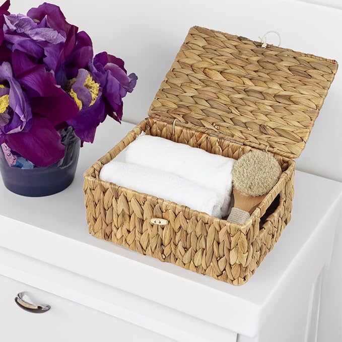 Set of 2 Wicker Baskets with Lid, Small Woven Wicker Storage Bins, Natural Water Hyacinth Basket Multipurpose Decorative Storage Boxes for Shelf Organizer (11.2" x 7.8" x 5.1" + 10" x 6.1" x 3.8") - Image 7