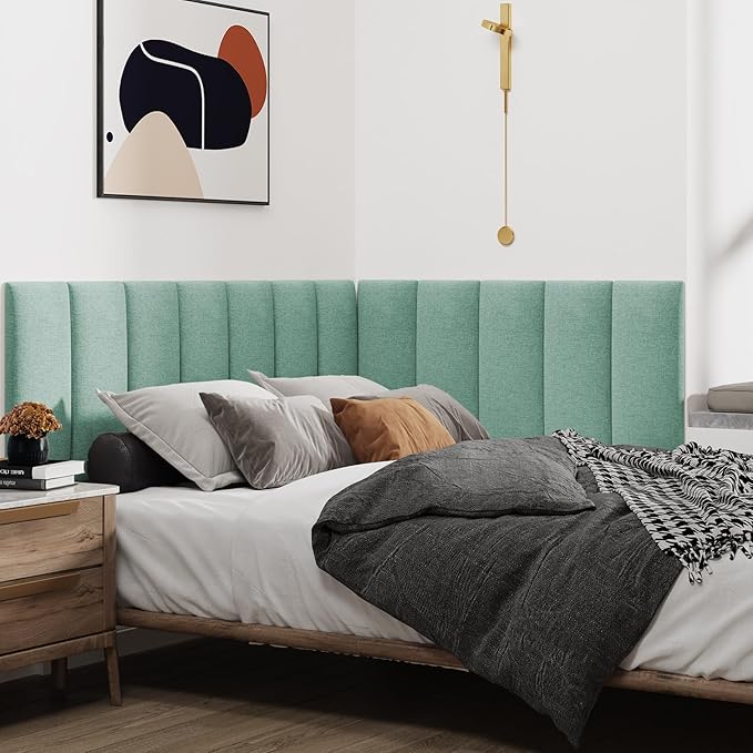 IFNOW Upholstered Wall Mounted Headboard, 3D Soundproof Wall Panels Peel and Stick for Queen Size, Reusable and Removable Tufted Bed Headboard in Grass Green (9 Panels, 10" x 24")