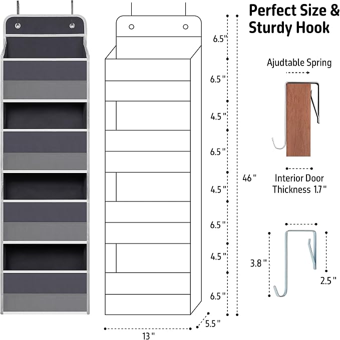TYMENSH Over The Door Hanging Organizer with 4 Large Pockets – Closet, Bathroom, Nursery, Bedroom, Dorm Storage for Toys, Cosmetics, and Baby Essentials, Gray - Image 2