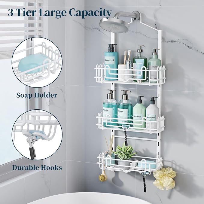 Consumest Shower Caddy Hanging – Rustproof Over Shower Head Hanger with Soap Holder and Hooks, Anti-Slip Shower Shelves for Storage, Bathroom Organizer for Apartment, Dorm, White - Image 3