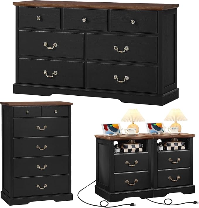 Farmhouse Dressers & Night Stand Set of 4,54" Wide 7 Drawer Dresser & 45" Tall Chest of Drawers, 18" Wide 2 Drawers End Table with Charging Station Set of 2,Furniture Dresser Sets for Home