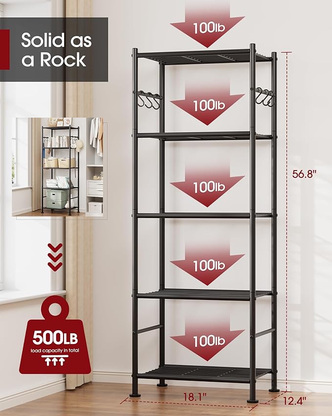 Sakugi Storage Shelves - 5-Tier Large Capacity Shelf Organizer with Hooks, Heavy-Duty Garage Shelving with Leveling Feet, Wobble-Free Rack for Bedroom, Balcony, Garage, 18.1"×12.4"×56.8", Black - Image 3